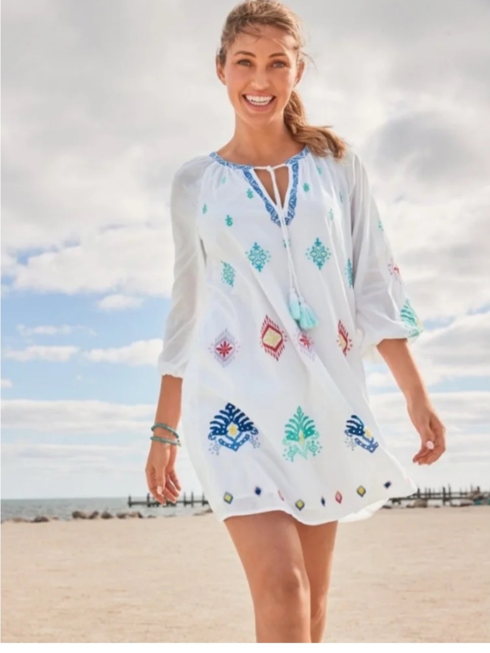 Tommy Bahama White Embroidered Swim Cover-Up Tunic with Blue & Teal Accents